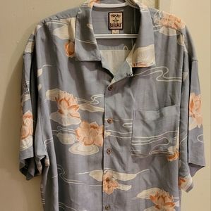 Tommy Bahama XL Button Down Shirt Aloha Hawaiian Floral Steel blue gray Coral